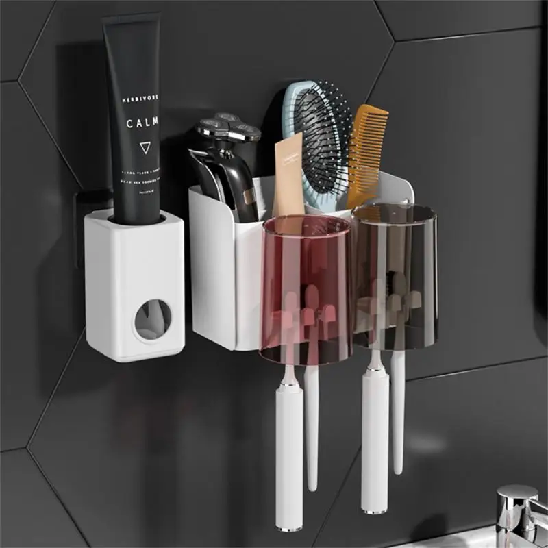 Toothbrush Holder Punch-free Mouthwash Cup Holder Non-trace Bathroom Wall-mounted Toothpaste Squeezer Toothbrush