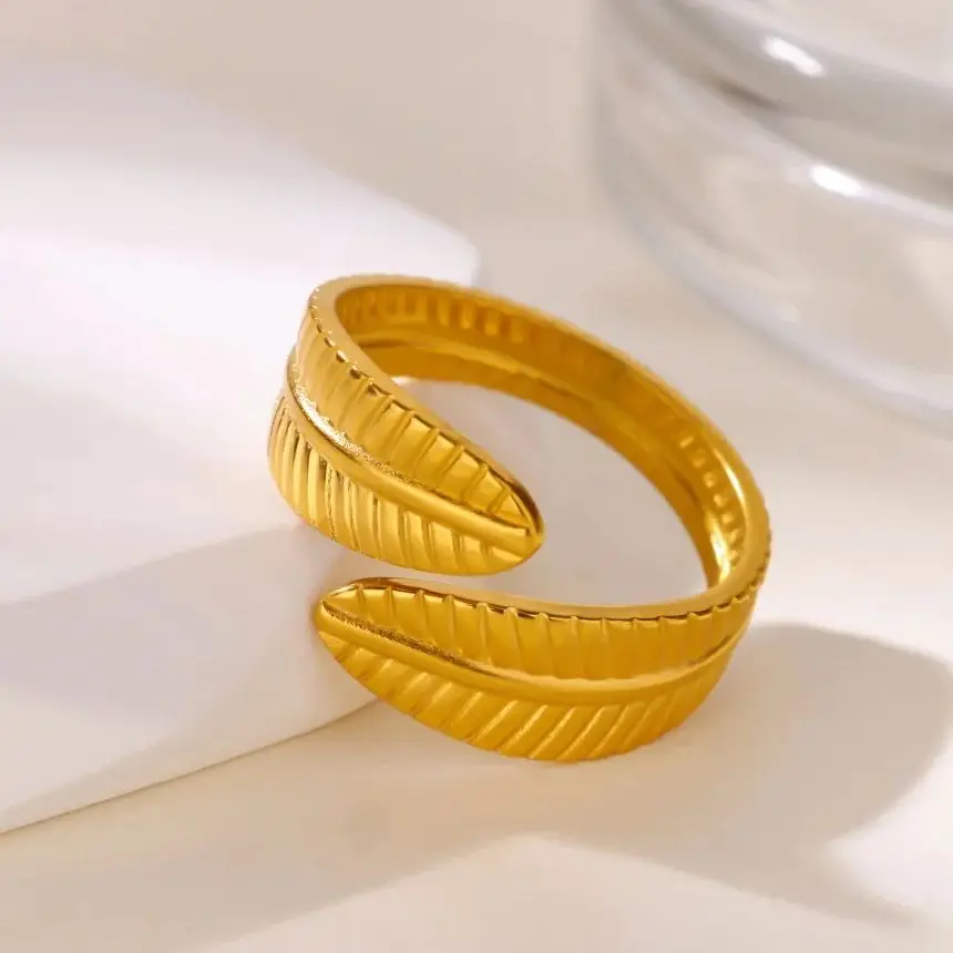 Gold Textured Leaf Ring Stainless Steel