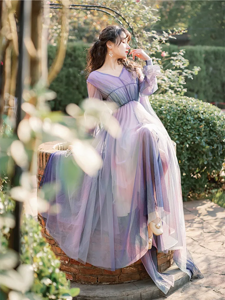 Spring Fairy Dress Women Elegant Long Sleeve Gradient Color