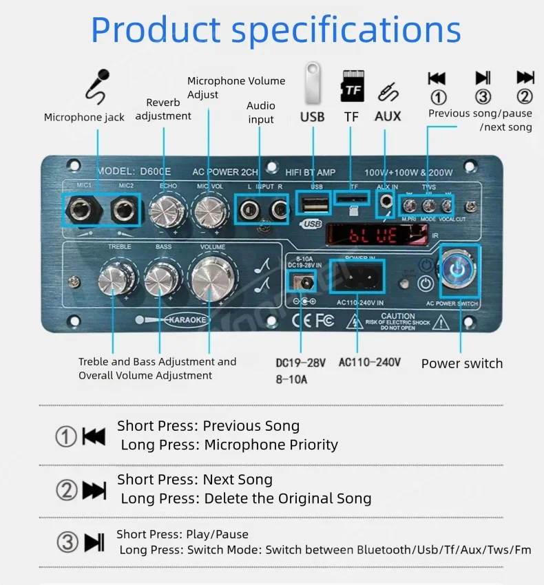 100W+100W+200W D600E Bluetooth 5.0 Amplifier Board with Subwoofer TWS Function