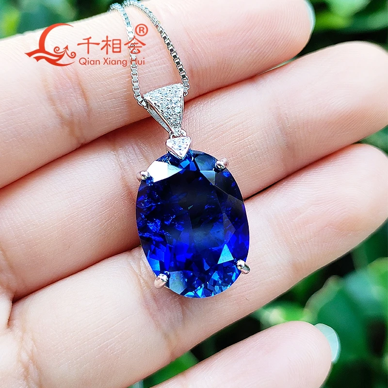 925 silver Fashion oval shape with inclusions Artificial  blue sapphire 14*19mm 18ct  ruby main stone Jewelry  Pendant Necklace genuine geode original stone agate slices landscape slices jewelry display holder tea coaster ornament unpolished