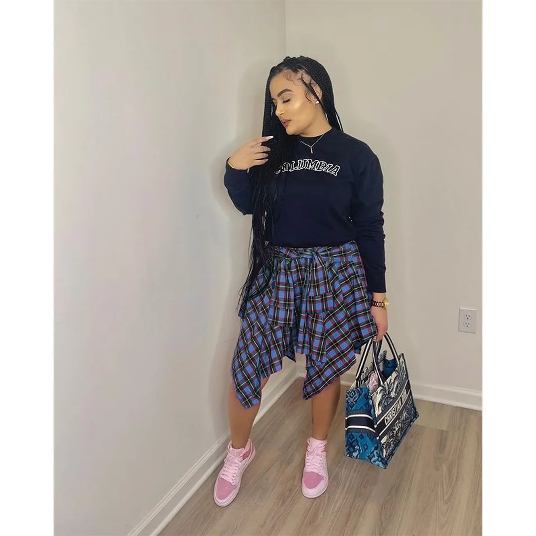 satin midi skirt Women Fashion Plaid Skirt Street Style Irregular Plaid Bandage Fake Shirt Skirt Women pleated skirt