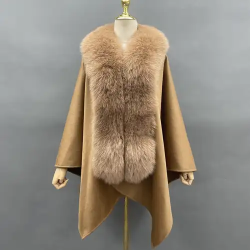 MISSJANEFUR Cashmere Poncho Shawl Women 2023 New Luxury Real Fox Fur Collar Cape Cloak Elegant Winter Coat - Image 2