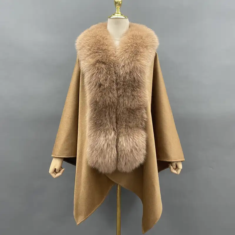 MISSJANEFUR Cashmere Poncho Shawl Women 2023 New Luxury Real Fox Fur Collar Cape Cloak Elegant Winter Coat - Image 2
