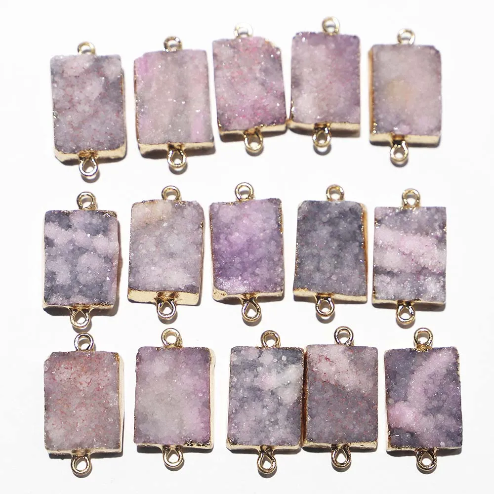 Natural Raw Stone Pink Crystal Cluster Pendants Electro Plated Pack With Gold Edge Connector Hand Charms Necklace Accessory 8Pcs