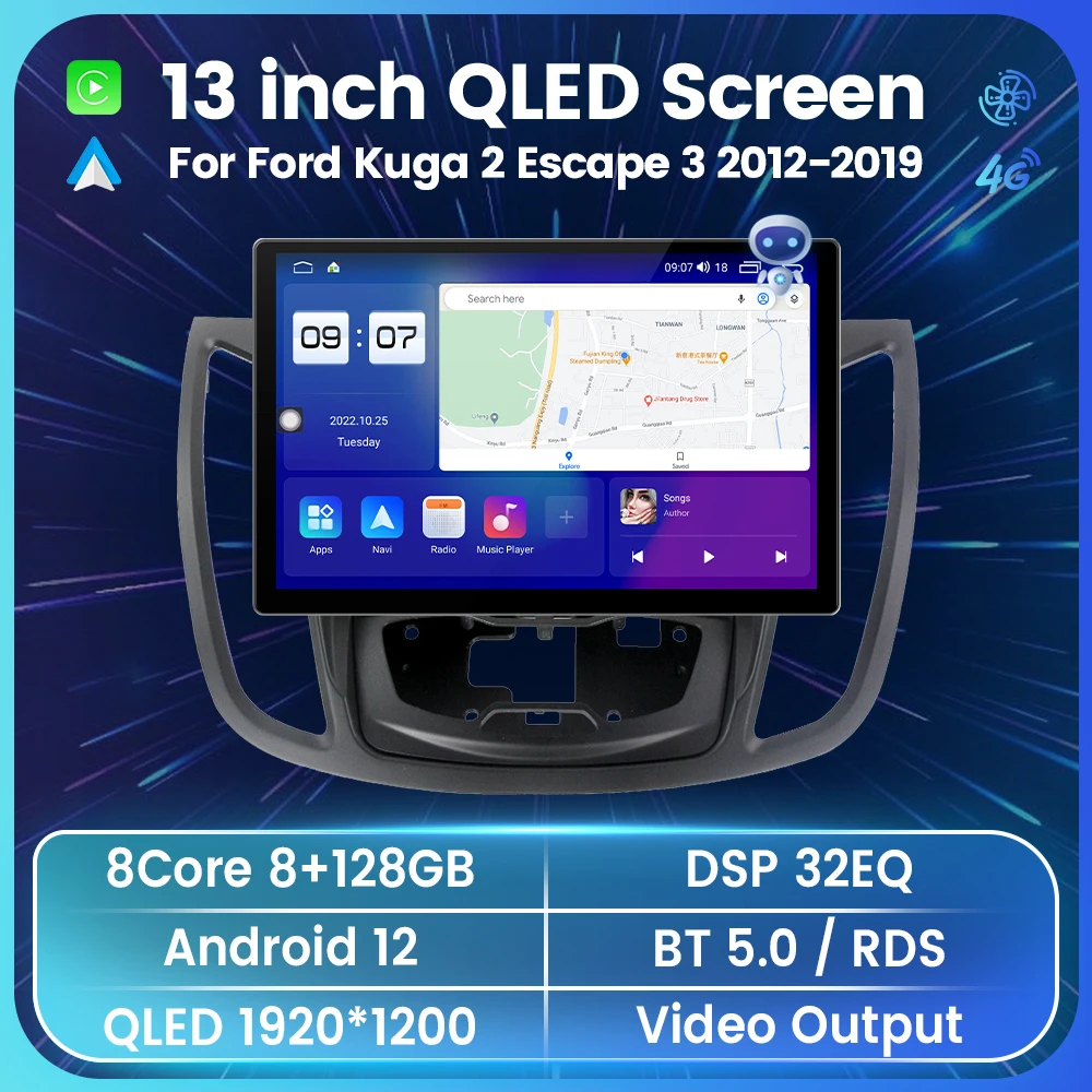 

13" 2K QLED Digital Display For Ford Kuga 2 Escape 3 2012-2019 Stereo Car Radio GPS Navigation Multimedia Touchscreen Android 12