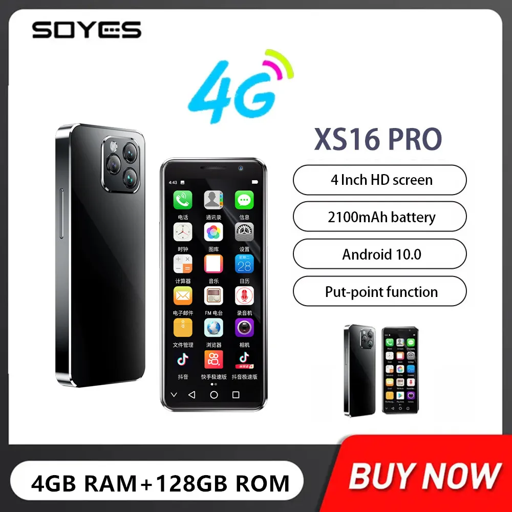 SOYES XS16 프로 4G 소형 휴대폰, 옥타코어, 4GB + 128GB, 4 인치 미니 스마트폰, 안드로이드 10 휴대폰, 2100mAh 배터리, 페이스 ID, 신제품