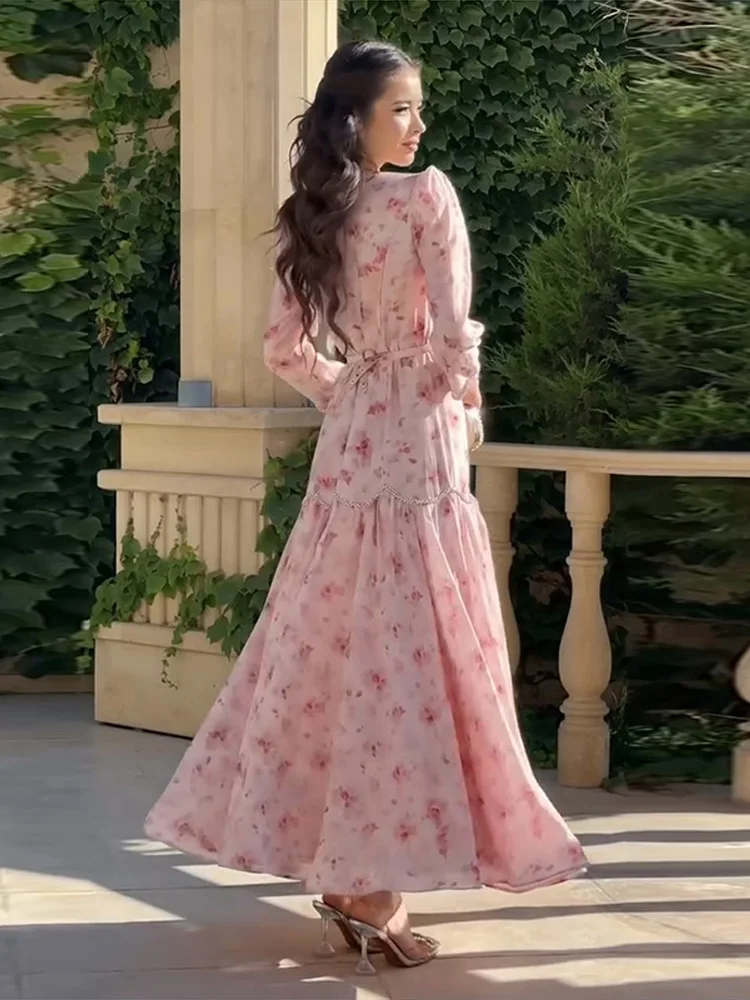 Floral Print Chiffon Women's Dress Three Quarter O-Neck Romantic