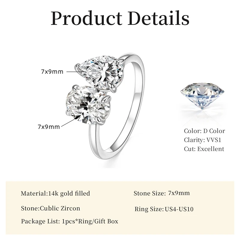 Lnngy 7x9mm Oval/Pear Shape Cleart Zircon Ring Exquisite Two Stone Design Adjustable Rings For Women 2026 Trend Jewelry Gift