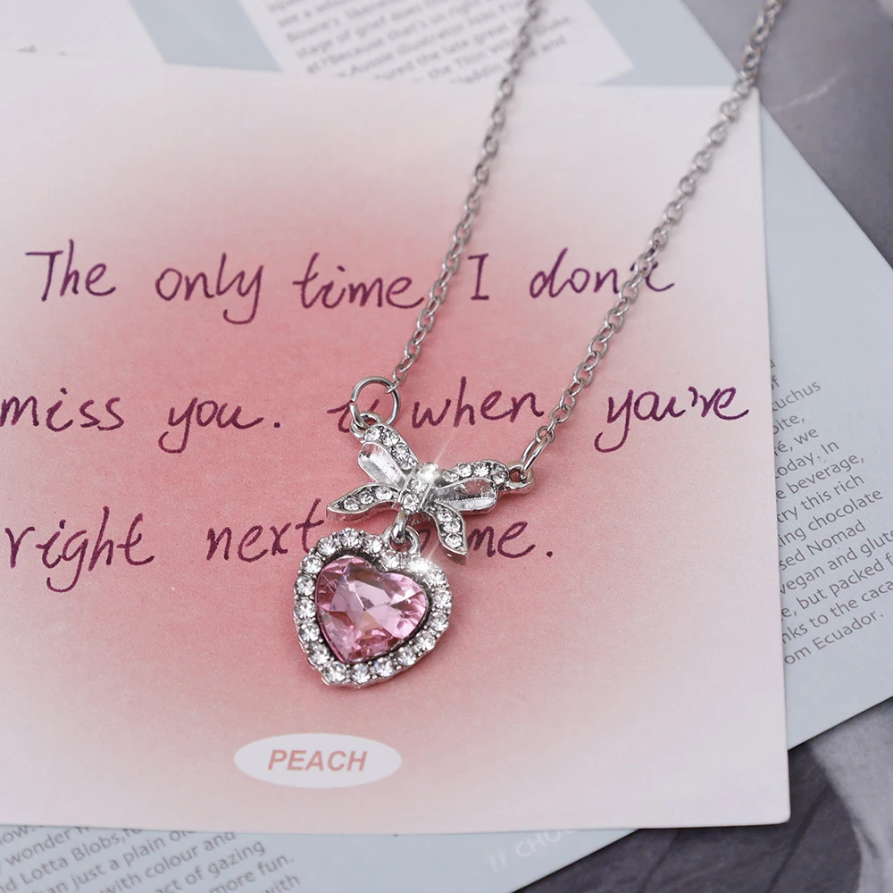 Korean Pink Crystal Heart Bow Tie Pendant Necklace Silver
