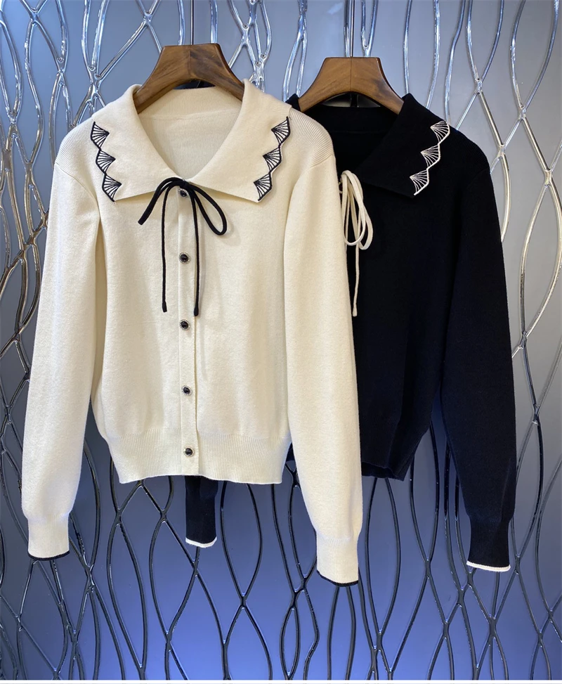 

High Quality Wool Knitted Cardigan 2022 Autumn Style Women Turn-down Collar Lurex Embroidery Long Sleeve Casual Beige Black Coat