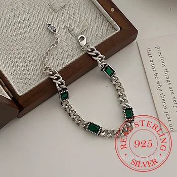 925 Sterling Silver Green Stone Retro Chain Bracelet For Women Men Charms Party Gift Wedding Engagement Fashion Jewelry