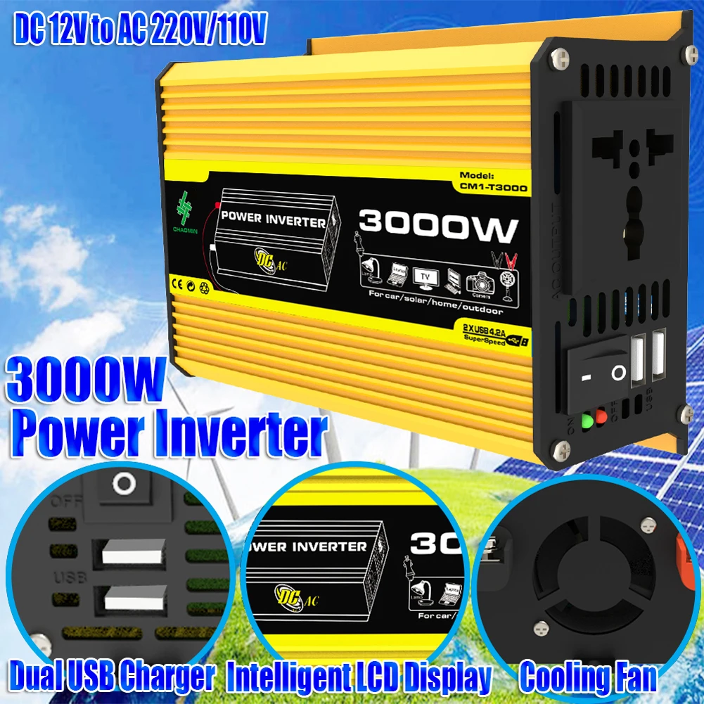 Description Picture 4 of itemDual USB Car Voltage Transformer 3000W DC 12V To AC 110/220V Car Inverter Digital Power Inverter Built-in Fuse for RV Caravan