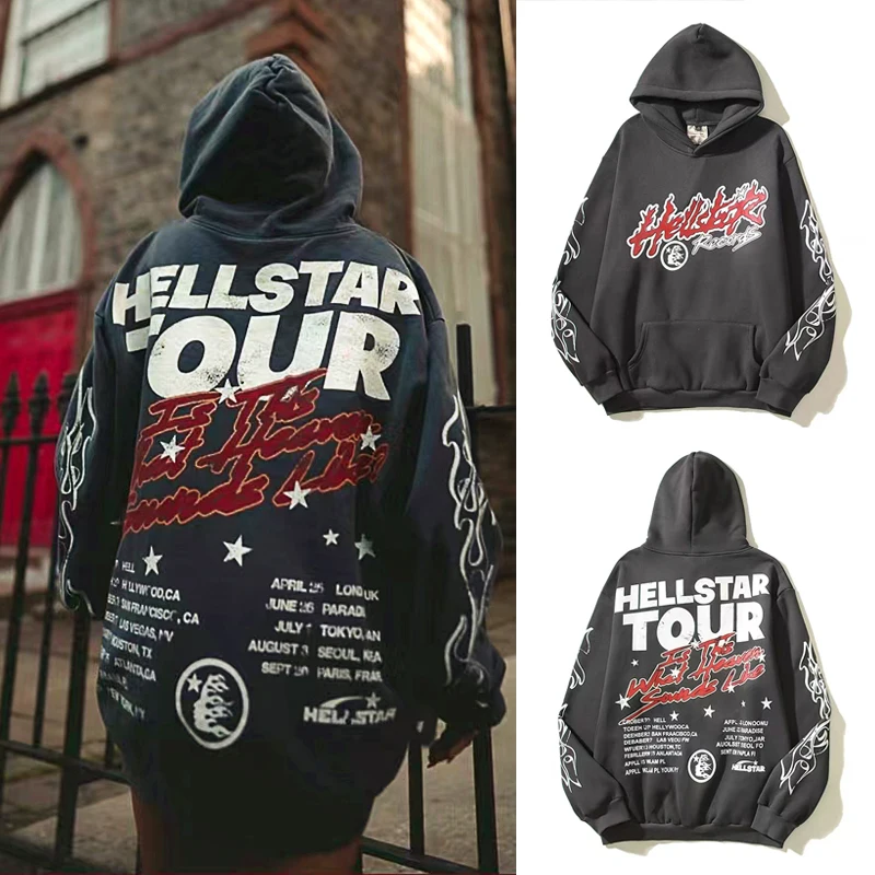 

2023 Washed Hellstar Flame Print Hoodie Men Women Top Quality Vintage Sweatshirts Oversize Pullovers Hooded