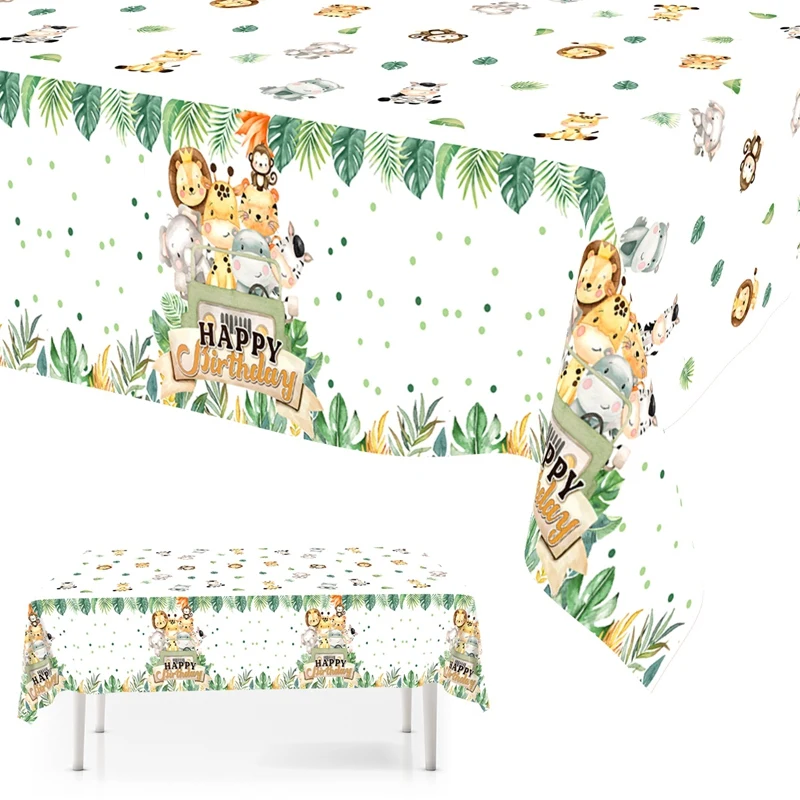 1 Stück Dschungeltier-Tischdecke aus Kunststoff, Palmenblätter-Hintergrund, Dschungel-Safari Wild One Erster Geburtstag Party Dekoration Tischdecke