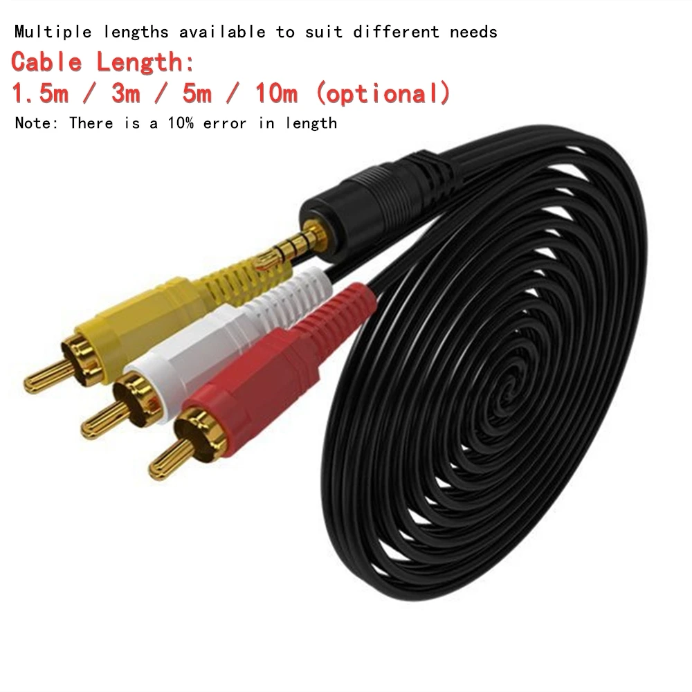 Gold-Plated 3.5mm to 3 RCA AV Cable for Audio Video Connection, Multiple Lengths Available