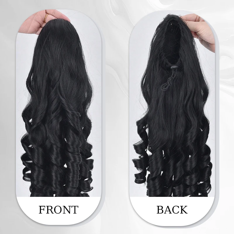 16inch Roman Curl Hair Ponytail Wig Synthetic Wavy Ponytail Extensions with Drawstring&2 Comb Clips Ringlets Hairpiece for Women