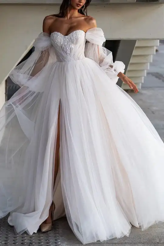 

Boho Wedding Dreses Off Shoulder Puffy Full Sleeves Sweetheart Beaded Pleats A Line with Slit Long Bridal Gown Formal Bride Gown