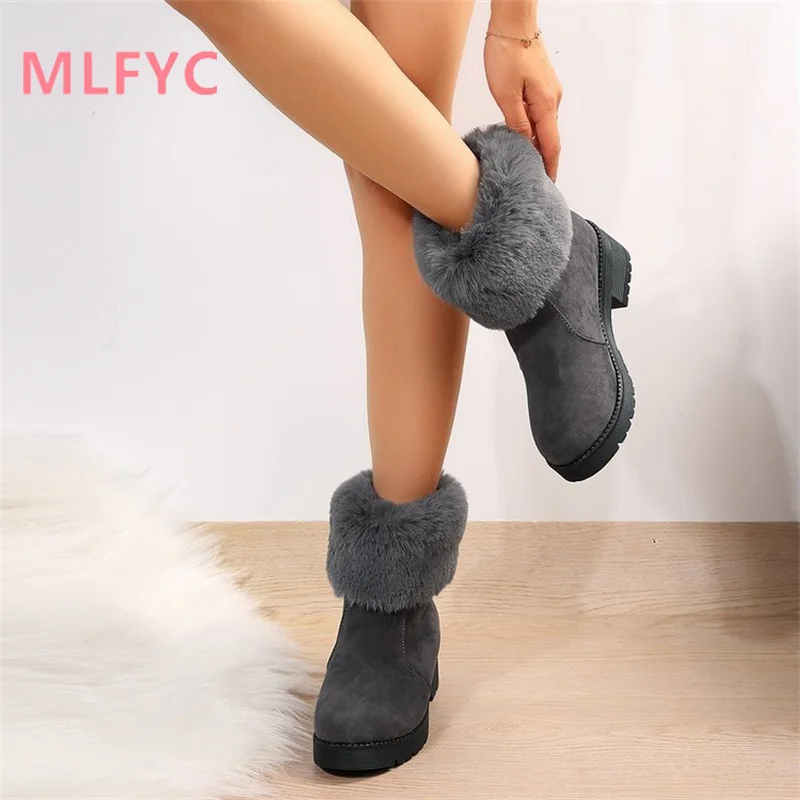 Large New Winter Low Barrel Snow Boots Thick Heel Thickened plush Warm Cotton Shoes Women's Heel Round Toe Boots