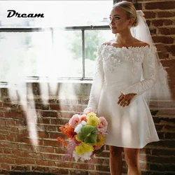 DREAM 3D Flowers Mini Wedding Dress Custom Made Long Sleeves Buttons Satin Modest Bridal Gown Party Above Knee Robe de mariée