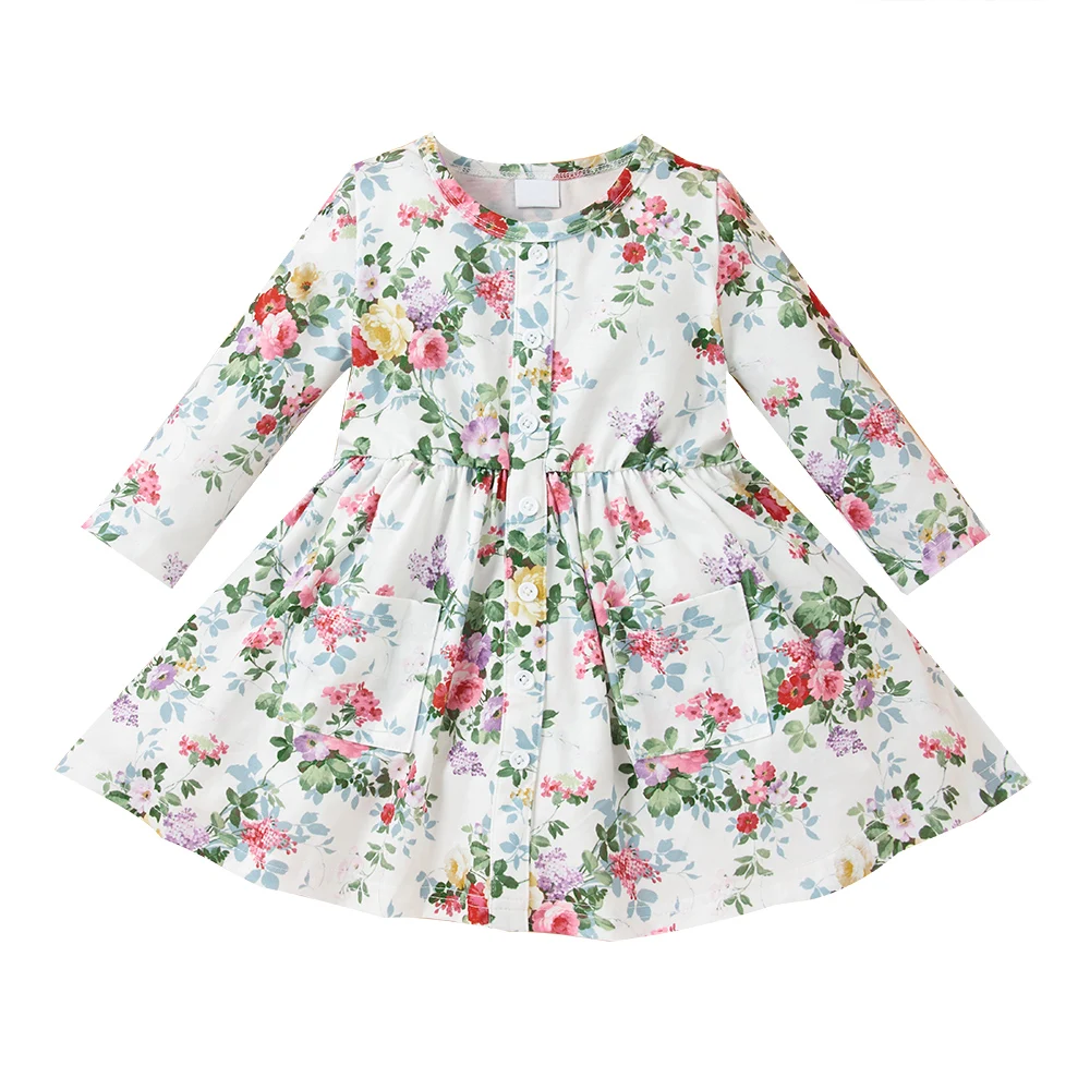 

2022 New Newborn Baby Girl Clothes Long-Sleeve Printed A-line Dress Single Row Button 0-3Y Fashion Leisure Infant Outfits