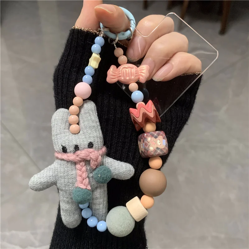 수제 DIY 토끼 모바일 폰 체인 참 휴대폰 끈 펜던트 가스켓 클립 비즈 가방 폰 팔찌