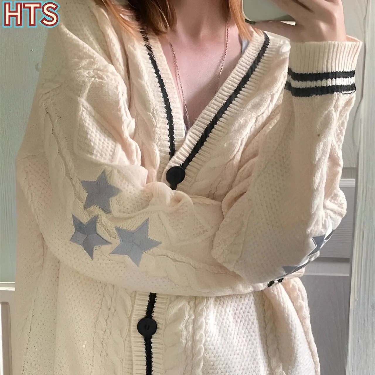 

Autumn Women Star Embroidered Cotton Cardigan Tay Lor✔️V-neck Knitted Sweater 2024 Warm Swif T Beige Holiday Cardigan Women