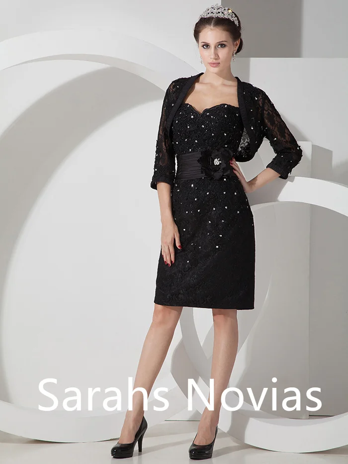 

Черные повседневные короткие женские платья, костюм из двух предметов, кружевная куртка с кристаллами, платье для матери