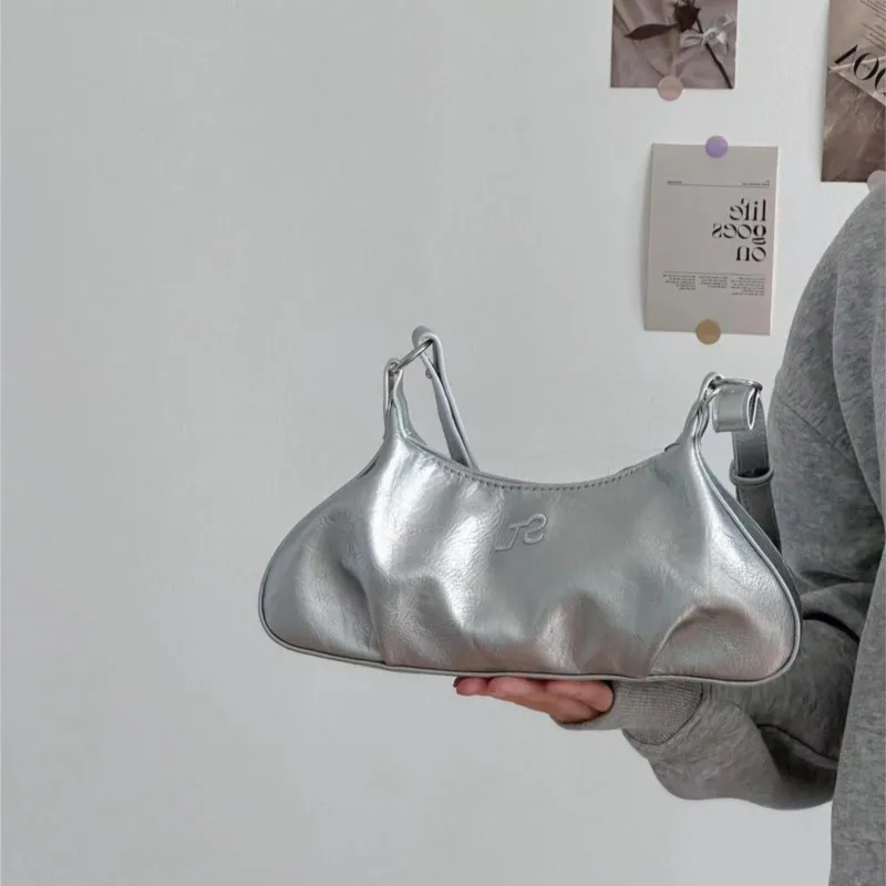 Hot Girl Silver Crinkle Shoulder Bag Women Embroidered Letter Leather Handbag Ladies Fashion High End Commuter Underarm Bag 2025