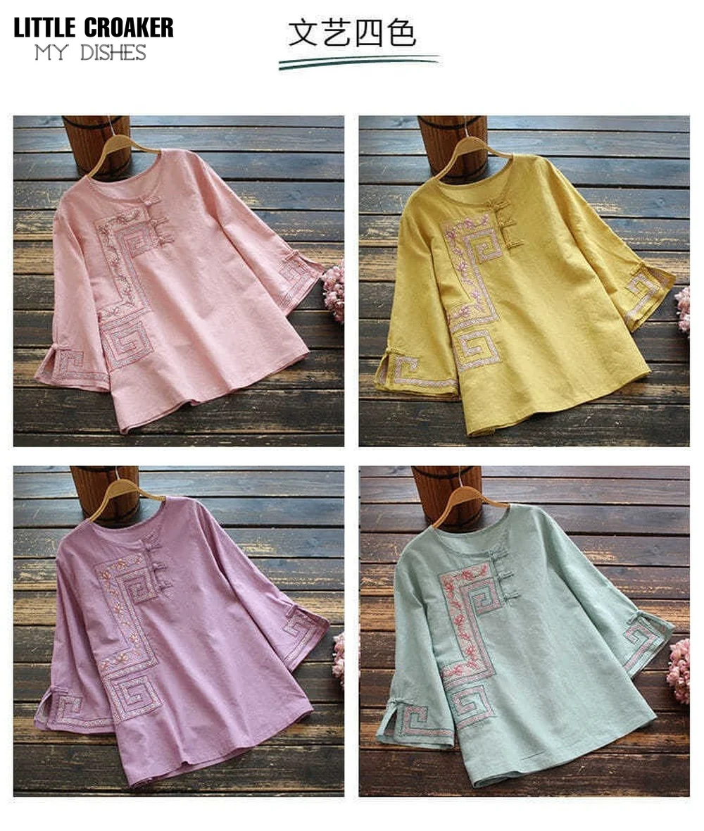 New Loose Large Shirt Women's Cotton Linen Shirt Retro National Style Top Round Neck Embroidered Chinese Traditional Blouse