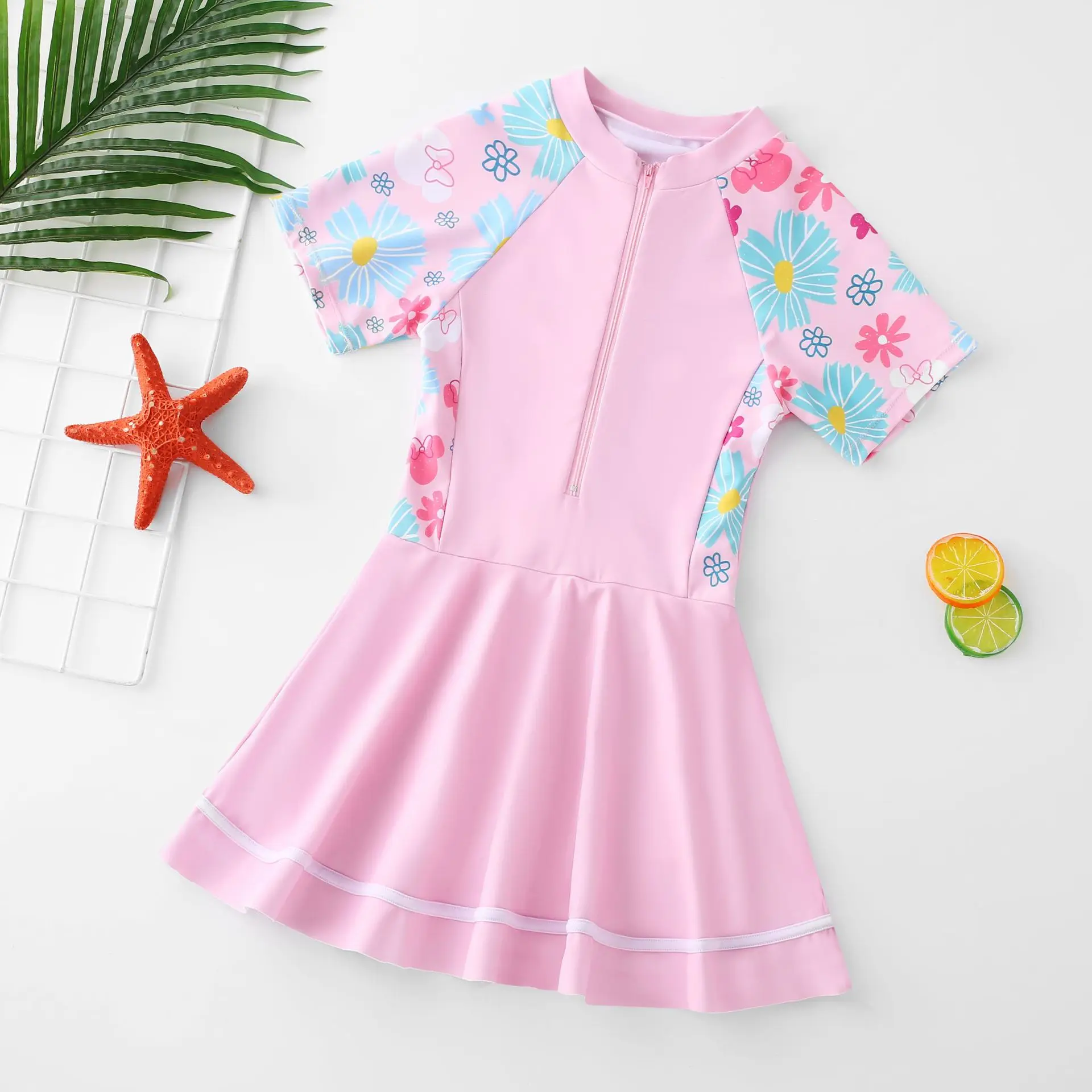 Two Piece Girls Swimsuits Beach Wear Kids Swimwear Summer Floral/Tropical Print Zip Up Bathing Suits For Swimsuit Beach Outfit