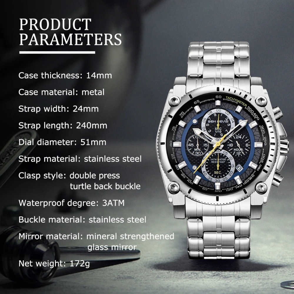 Multifunction Watch Man Steel Men's Chronograph Watch Original Hand Clock Man Quartz