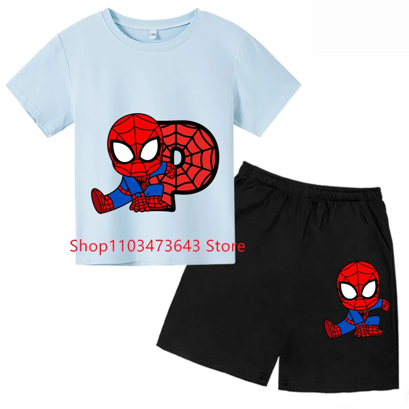 New Spiderman T-shirts Cartoon Boys Girls Kids digit P S T Print T Shirt set For Children Summer Short Sleeve T-shirt sets