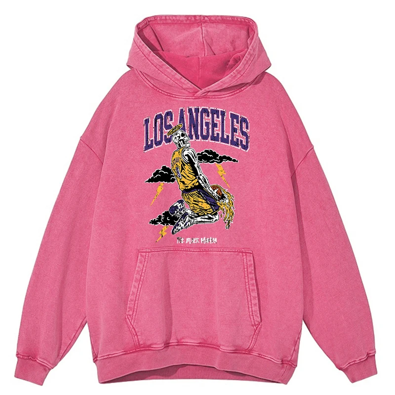 thumbnail image 1 of Sudadera con capucha de estilo retro desgastado con diseño de jugador de baloncesto de Los Ángeles y esqueleto para hombre, estilo hip hop, 100 % algodón, para otoño, 1 of 4