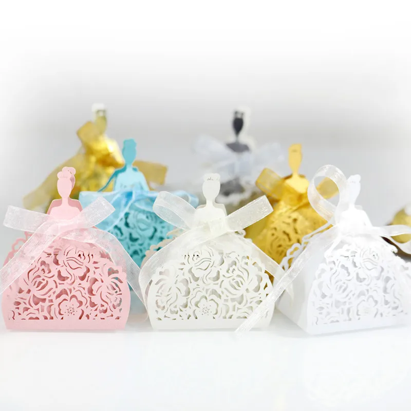 

20pcs Bride Flower Dresses Candy Box Laser Cut Dragees Box Gifts Bags Wedding Birthday Baby Shower Event Party Favor Decor