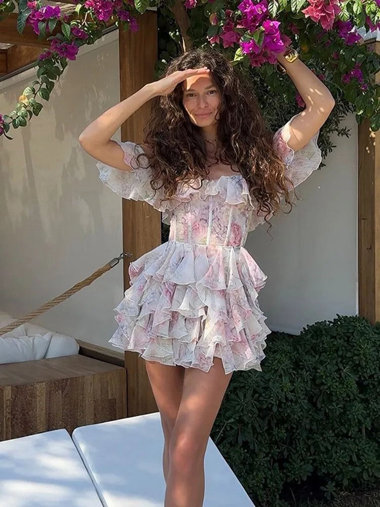 Elegant Pink Floral Printed Mini Vestido Women Chic Chiffon Full