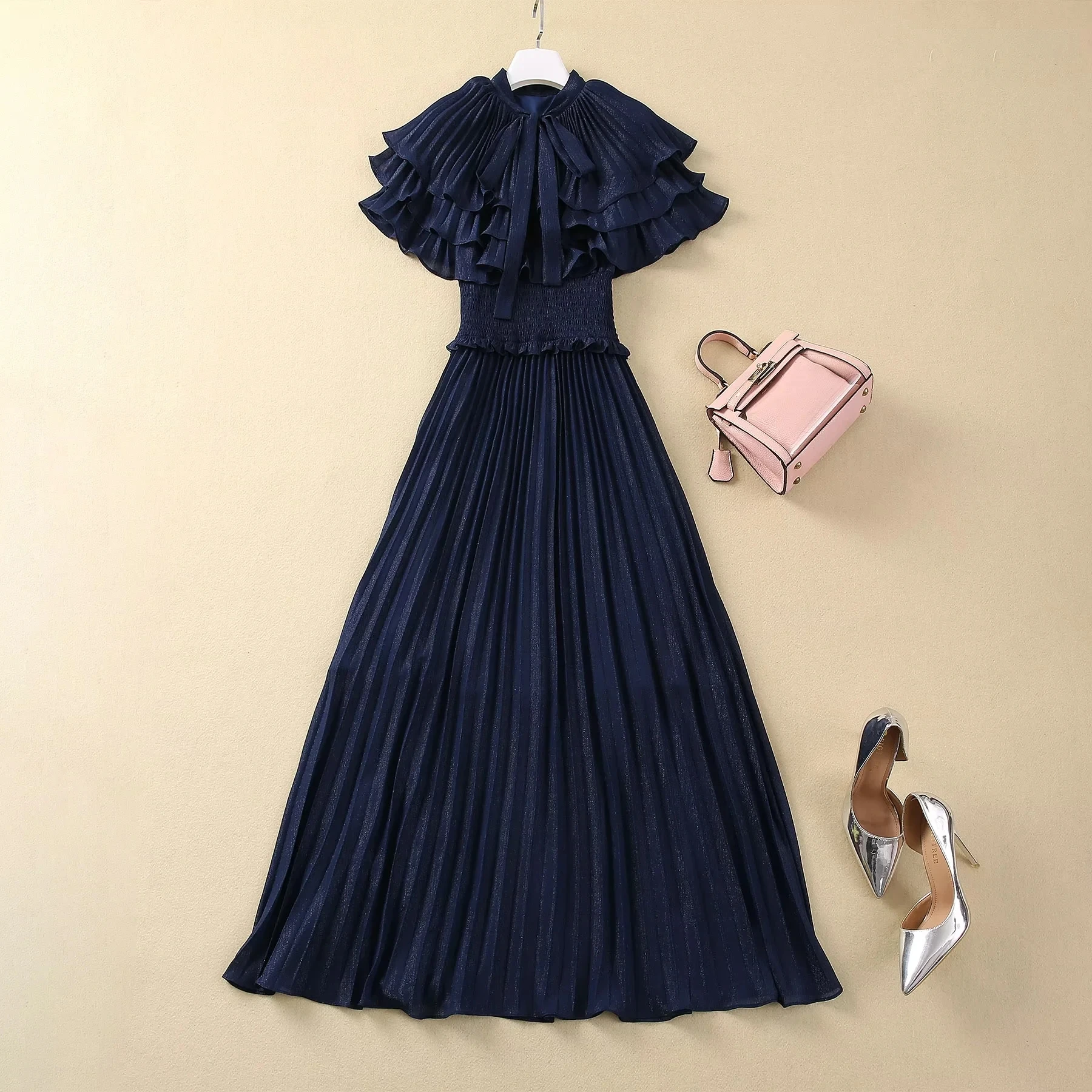 ZJYT Designer Elegant Cloak Sleeve Pleated Dresses for Women 2024 Runway Summer Fashion Elastic Waist Long Party Evening Dress