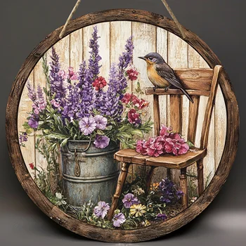 Round Wooden Sign, Rustic Style, 2D Printed Bird and Flower Mural, 7.87inch Piece, This Is a Versatile Holiday Decoration That Does Not Require Electricity or Batteries, Suitable for Home, Living Room, Office, Cafe, Bar, and Party Decorations 1