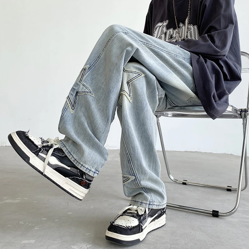 

Pentagram patch jeans men's autumn American high street fashion brand vibe straight tube loose mop wide leg pants