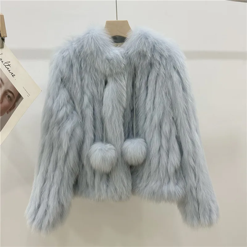 

Autumn Winter Natural Fox Fur Coat New Cute Girl Feeling Fur Ball Fox Fur Strip Sewed Toghter Woven Fur Coat