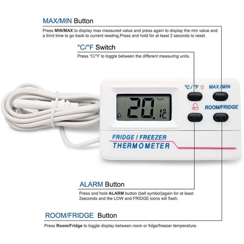 Digital Thermometer Refrigerator Thermometer Digital Thermometer with Alarm Function Refrigerator Freezer Fridge Magnet Thermometer