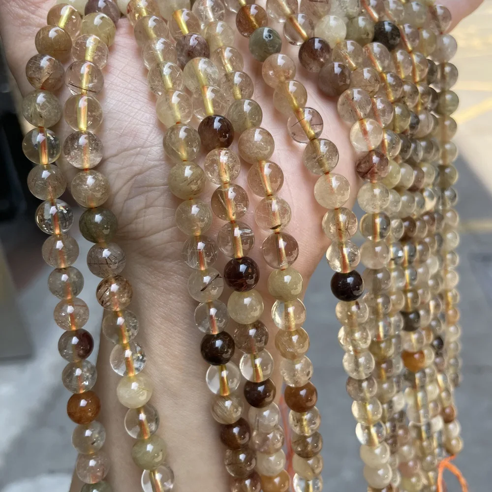 Natural Gold Rutilated Quartz Crystals Stone Round Loose Spacer Beads For Jewelry Making DIY Bracelets 6 8 10 mm Wholesale