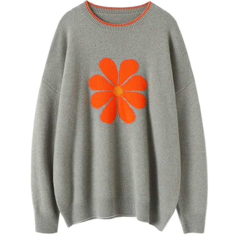 

100% Cashmere Winter Warm Sweater Women New Latest Fashion for Women Clothes Floral High Street Long Sleeve Top