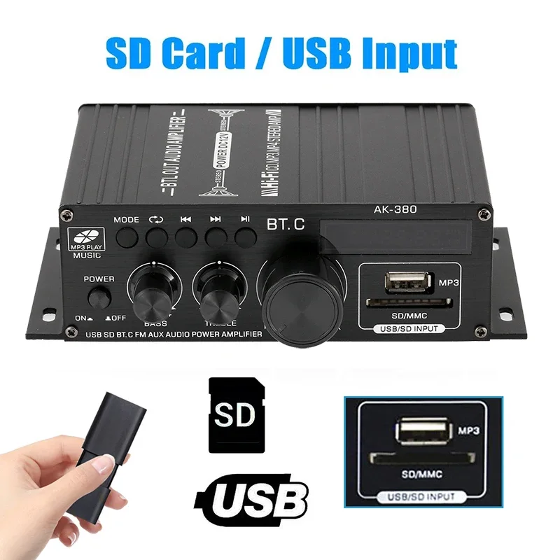 AK380 12V Bluetooth Power Amplifier Home Car Class D HiFi Amp Max