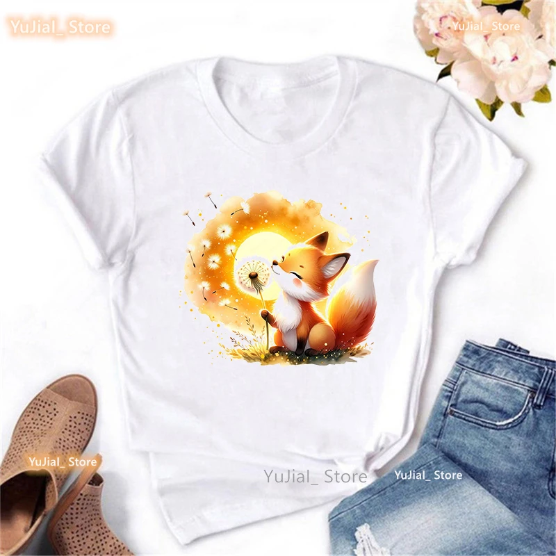 Aquarell Fuchs Wunsch Löwenzahn Tier gedruckt T-Shirt Mädchen Kawaii Kleidung Sommer Mode T-Shirt Frauen Harajuku Shirt – Detail 11