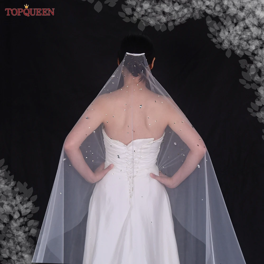 TOPQUEEN V178 1 Tier Diamond Rhinestones Wedding Veils with Comb Clear Crystal Beaded Bridal Veil Accessories for Bride