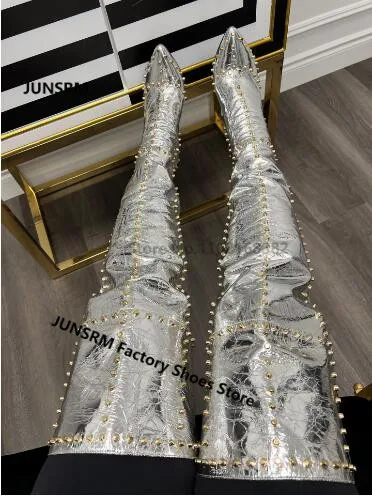 

2022 Full Rivet Over The Knee Boots Pointed Toe Sexy Gold Sliver Patent Leather Women Thin High Heel Zipper Back Thigh Boots