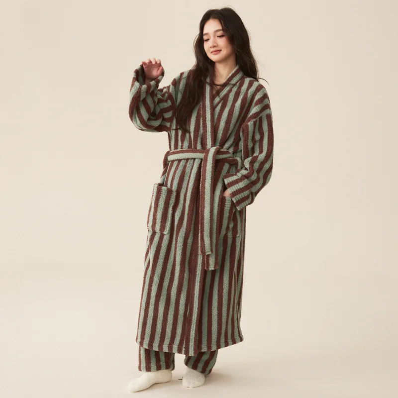 Thickened Flannel Robe Pants Pajamas Set Autumn Winter New Couple Coral Velvet Women Men Bathrobe Striped Lengthed Home Clothes women sleepwear sleepwear pajamas