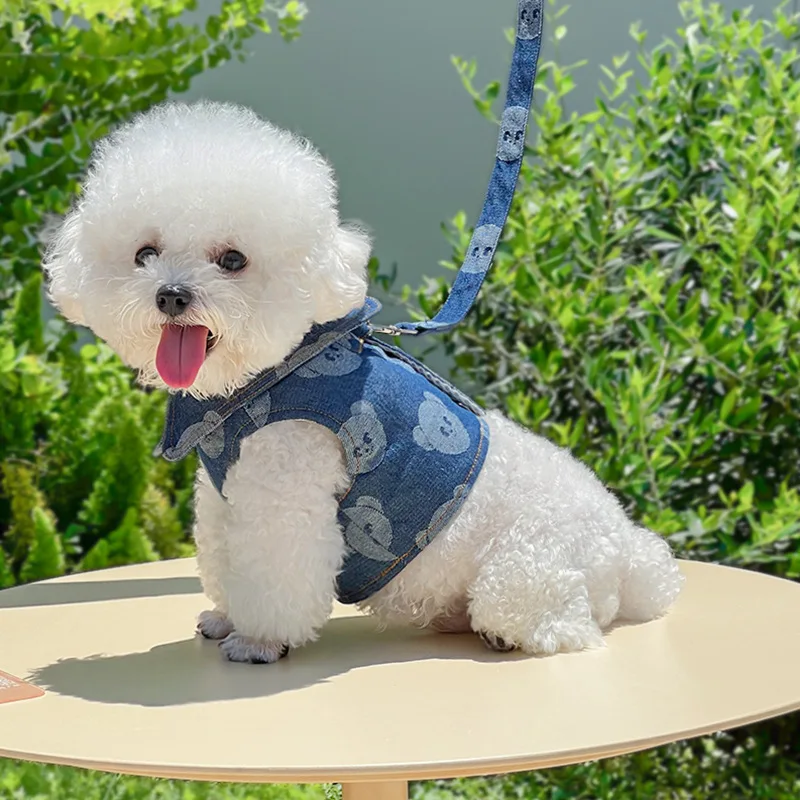 Denim Dog Harness And Collar Set With Leash, Cute Blue Puppy Vest_voghion.com