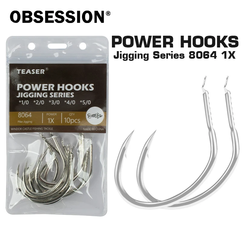 OBSESSION 10 Stück/Beutel 8064 1X High Carbon Metal Jig Assist Power Pike Hooks 1/0 2/0 3/0 4/0 5/0 PIKE Light Slow Jigging Hook